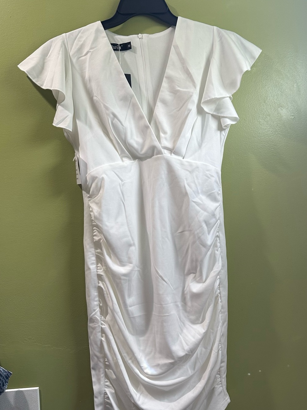 V-Neck Cream Ruched Mini Dress - Picture 2 of 11
